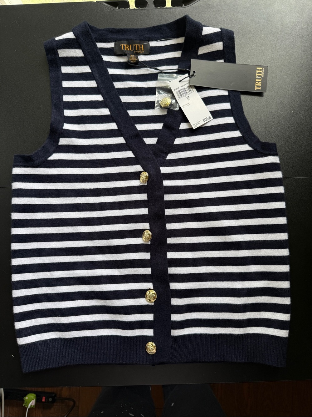 Truth by Republic Striped Knit Vest Women’s S/P NWT Nightlife/White Gold Buttons